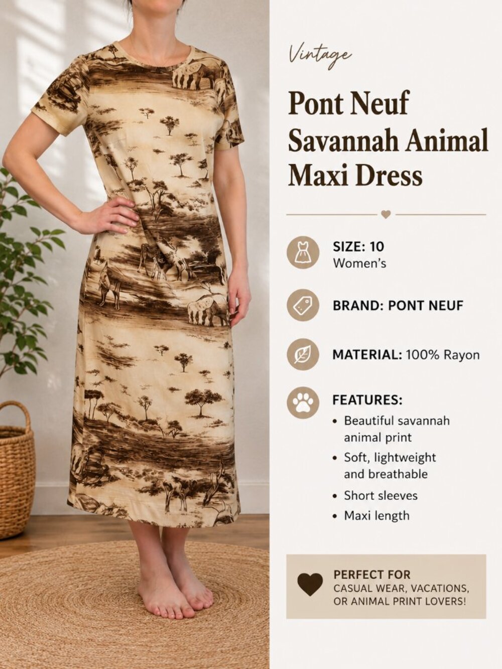 MAXI DRESS AFRICAN ANIMALS LIONS ZEBRAS GIRAFFES PRINT 100% RAYON SIZE 10 women